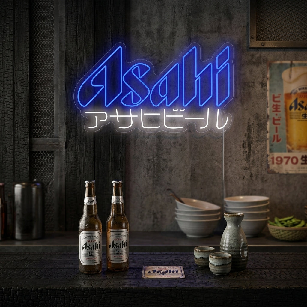 A glowing 'Japan Beer Logo' neon sign with red and white tubing mounted on a wall in a home bar setting.
