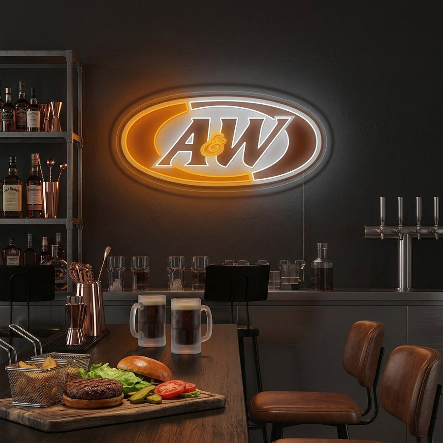 A glowing A&W Beer Logo neon sign displayed in a cozy home bar setting with bottles and glasses.
