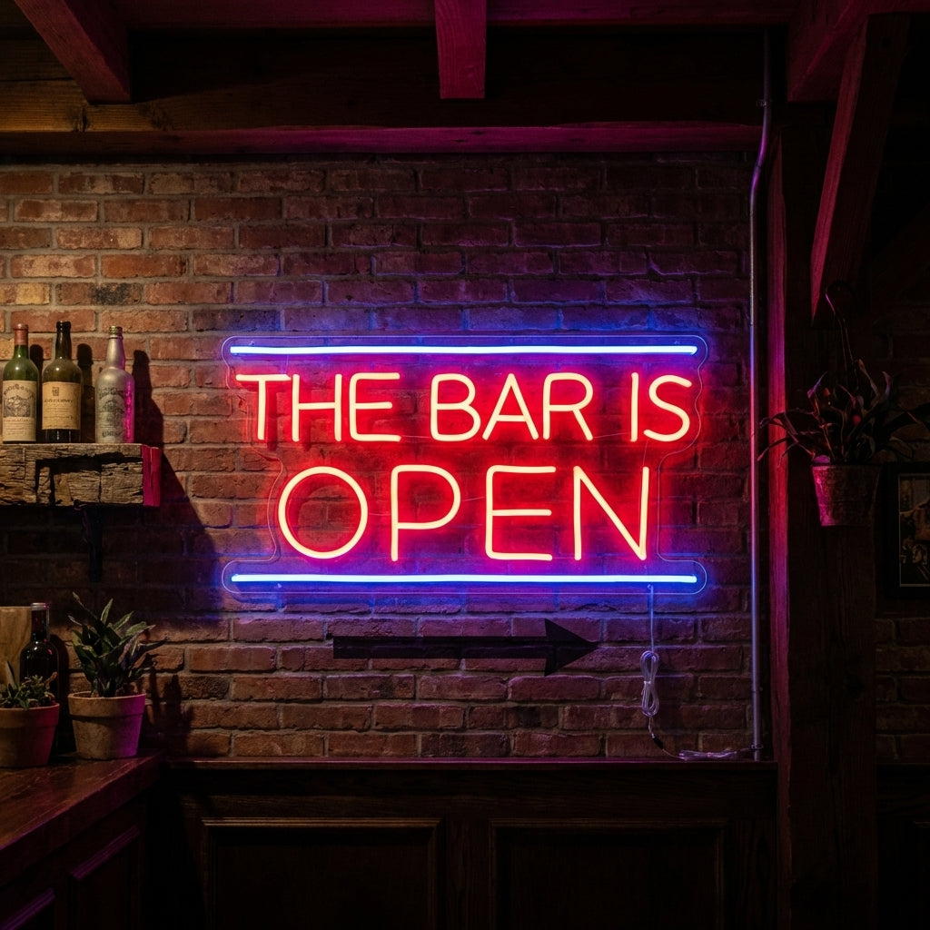 A physically fabricated neon sign showing "Bar Is Open" with realistic glass tubes and acrylic backing against a rustic bar background.