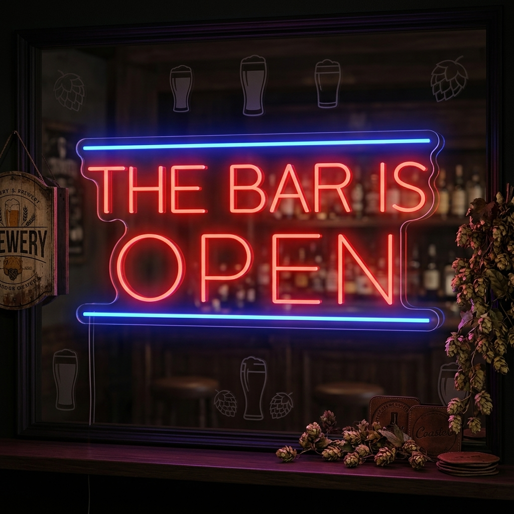 A curated mockup of the "Bar Is Open" neon sign showing complex reflections on surrounding bar props.