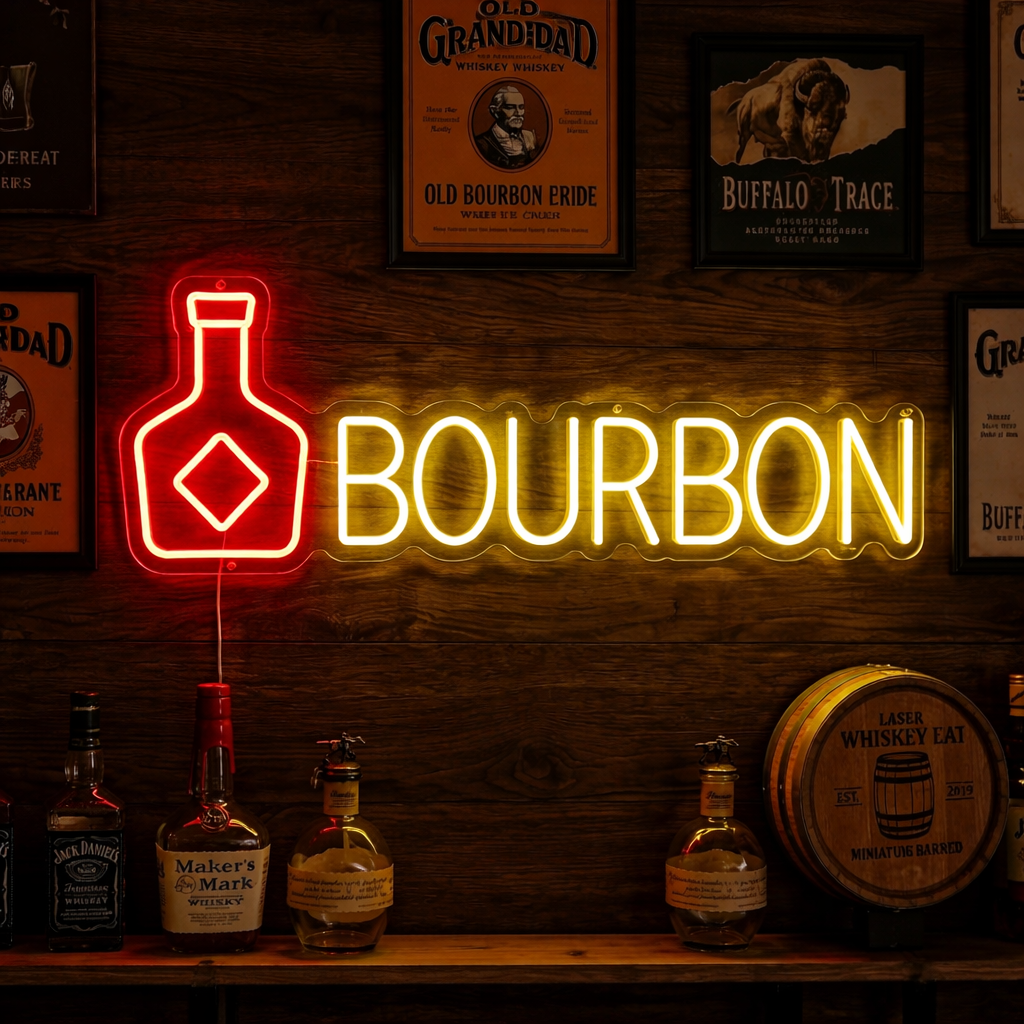 A illuminated Bourbon script neon sign glowing orange and set against a dark, industrial brick wall.