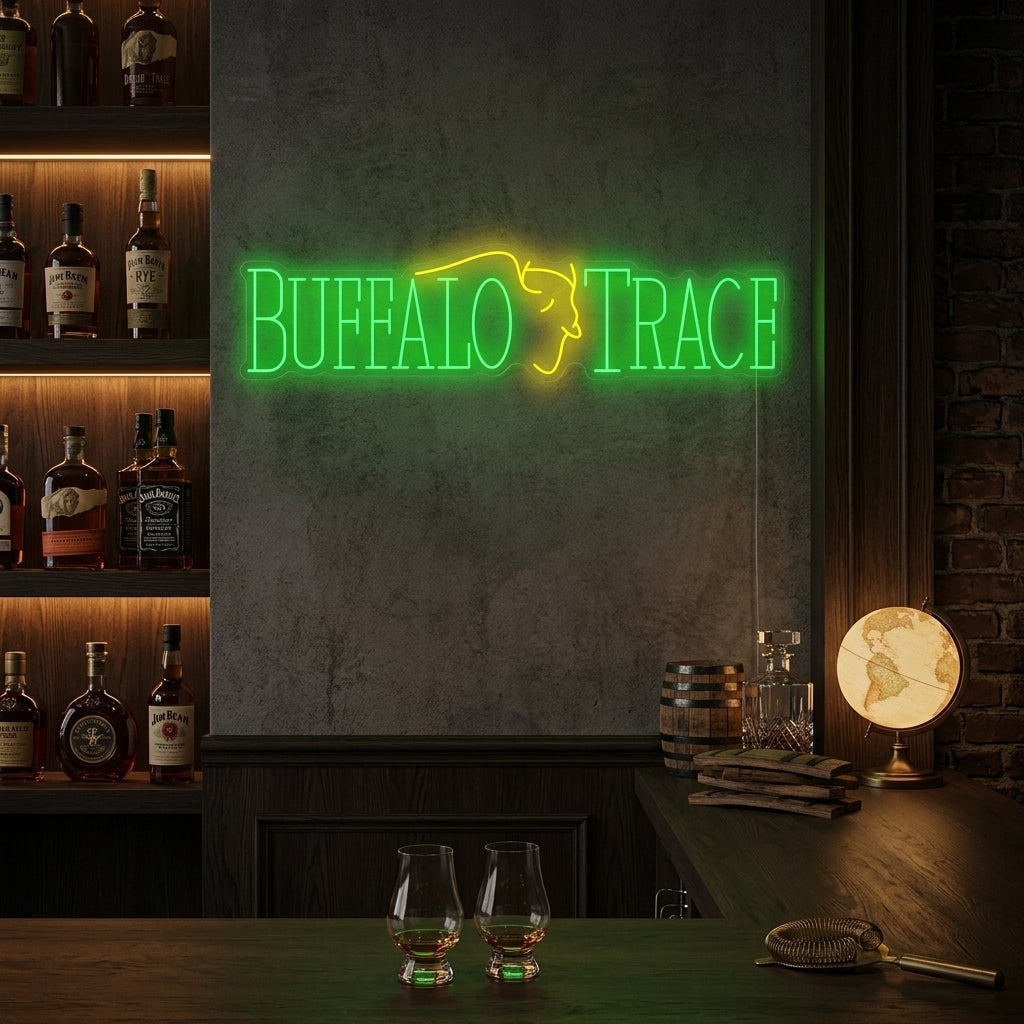 Buffalo Trace neon sign glowing brightly in a well-appointed home bar setting, mounted above shelves of liquor bottles.