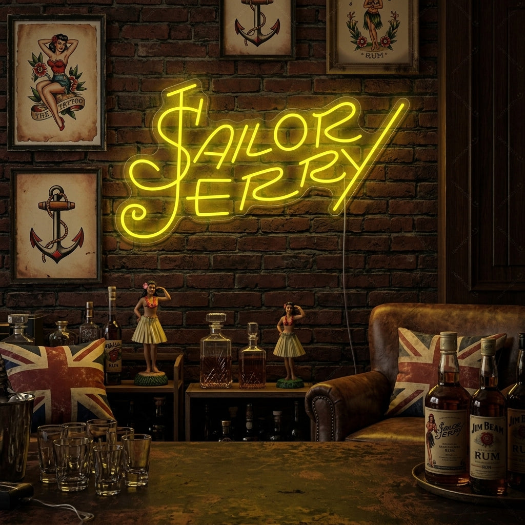 A glowing 'Sailor Jerry Rum' neon sign mounted in a bar setting, providing atmospheric lighting.
