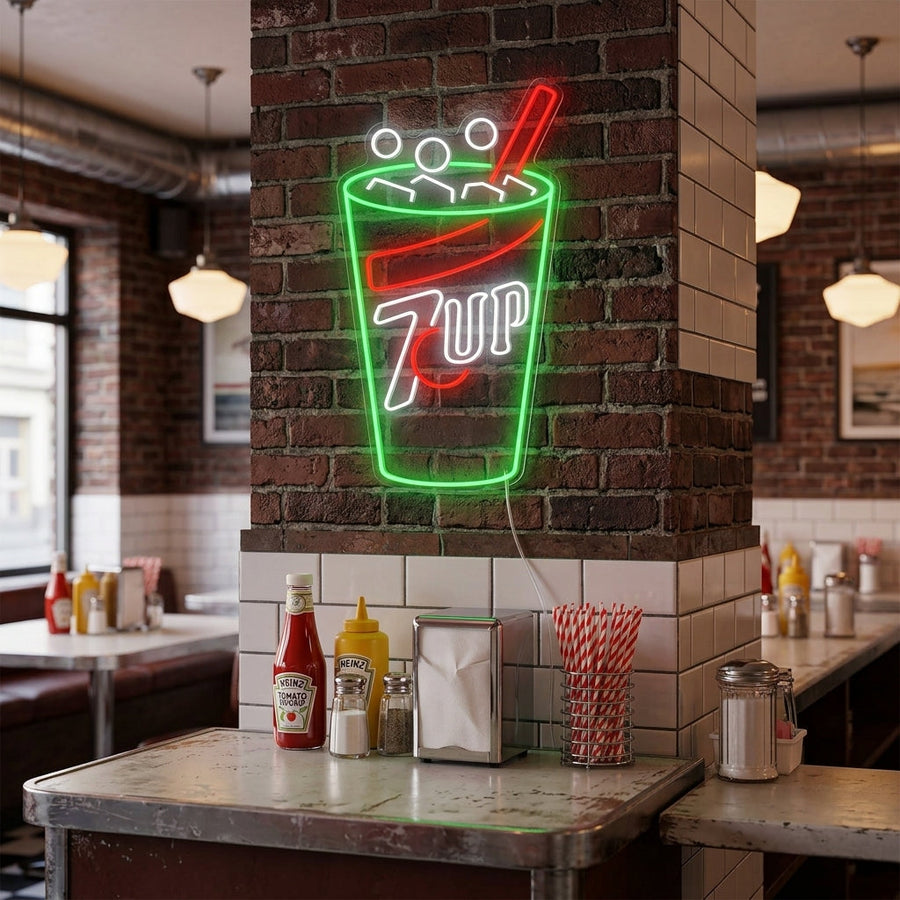A illuminated 'Soda Drinks Logo' neon sign displayed as an eye-catching piece of wall decor above a bar counter in a busy restaurant or diner setting.