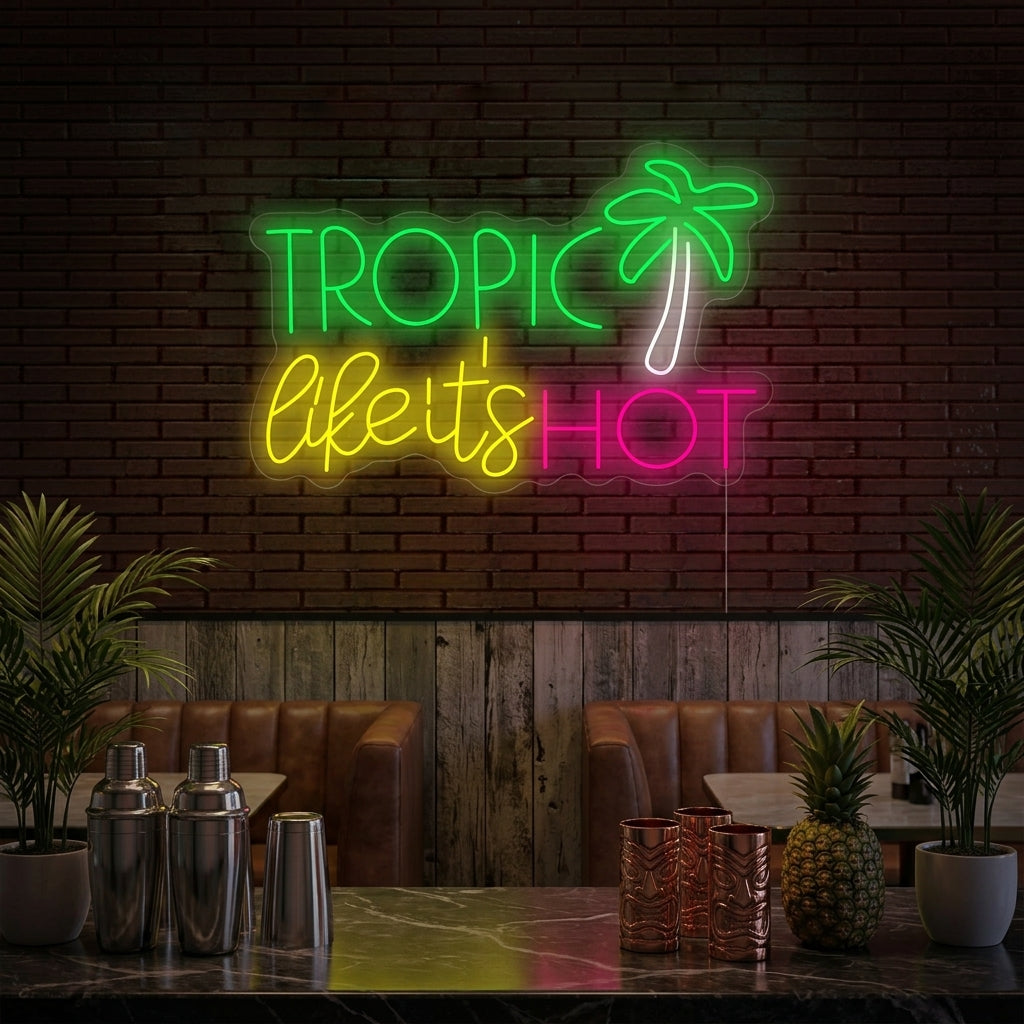 A glowing 'Tropic like Its Hot' neon sign brings a vibrant tropical atmosphere to a modern lounge setting.