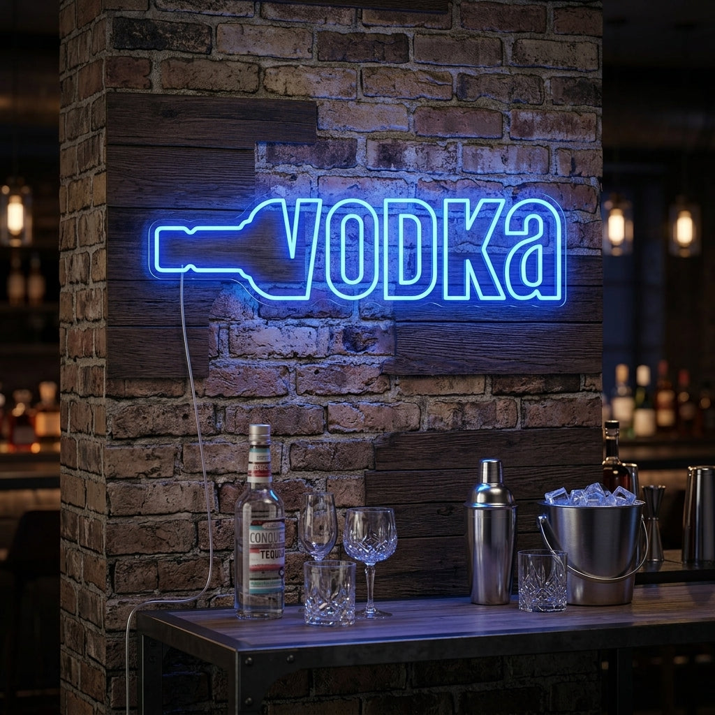 Vibrant blue 'Vodka' neon sign displayed prominently behind a home bar counter with glasses and bottles.
