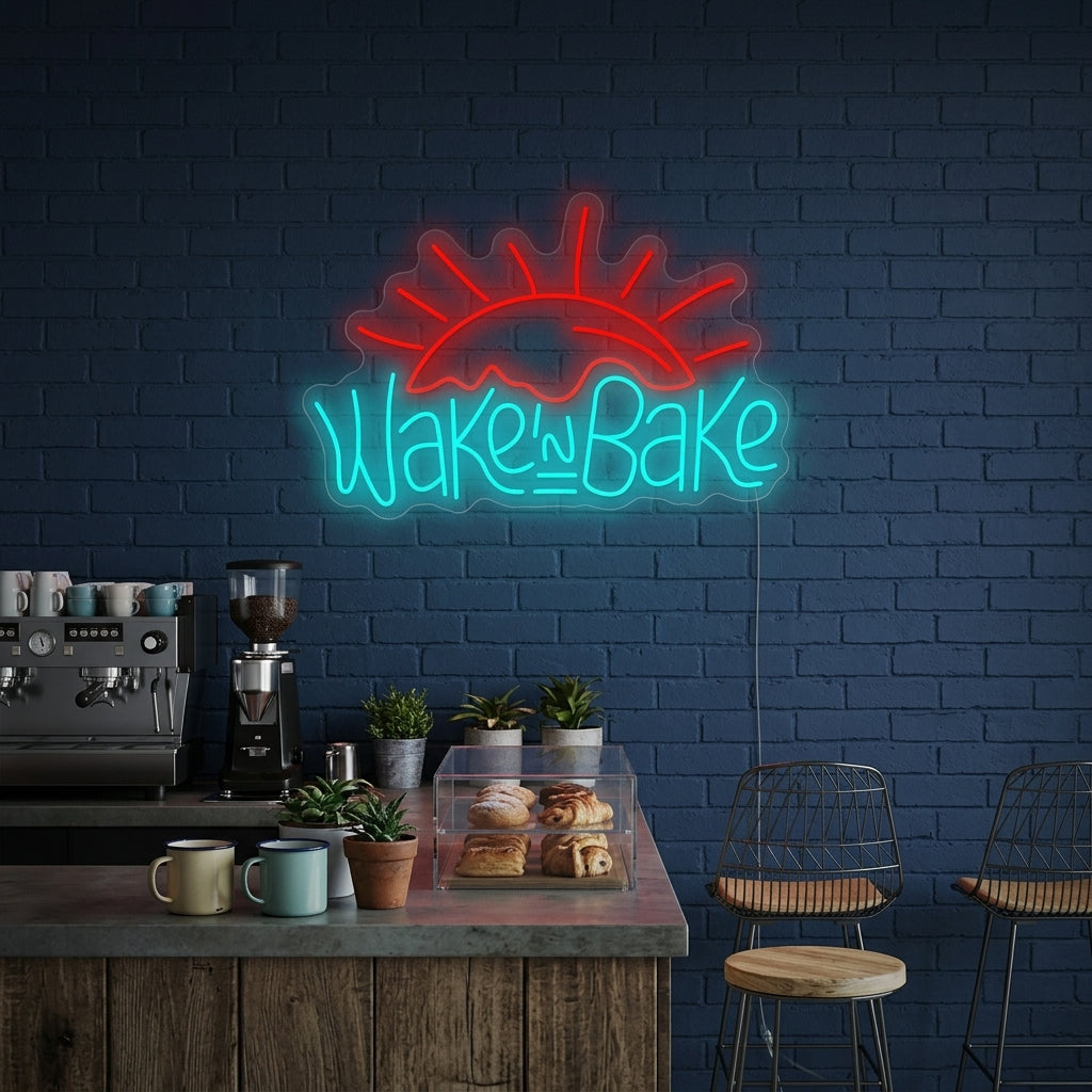 A lifestyle mockup of the "Wake and Bake" neon sign illuminating a modern kitchen or bakery wall.