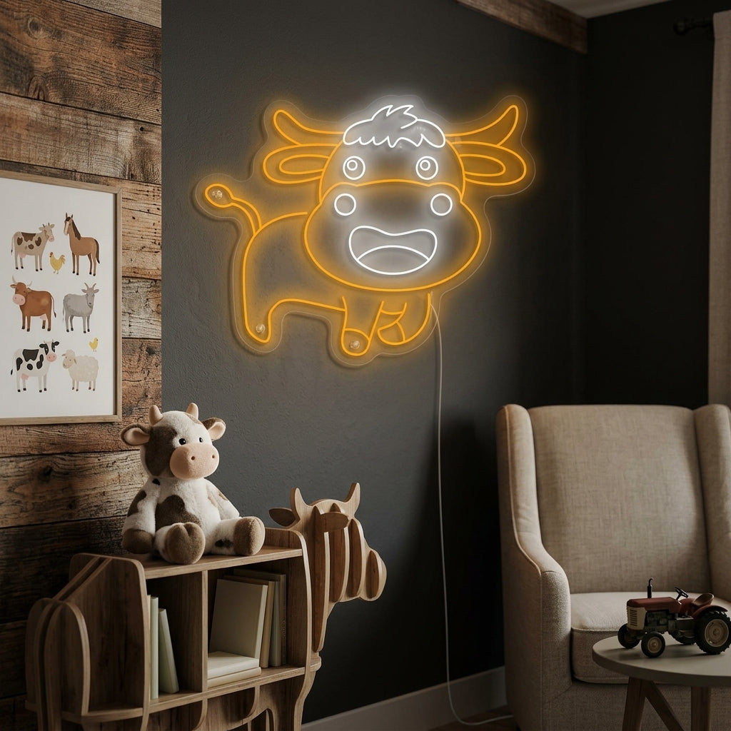 A glowing 'Baby Cow' neon sign mounted on a textured wall in a styled room, radiating soft light.