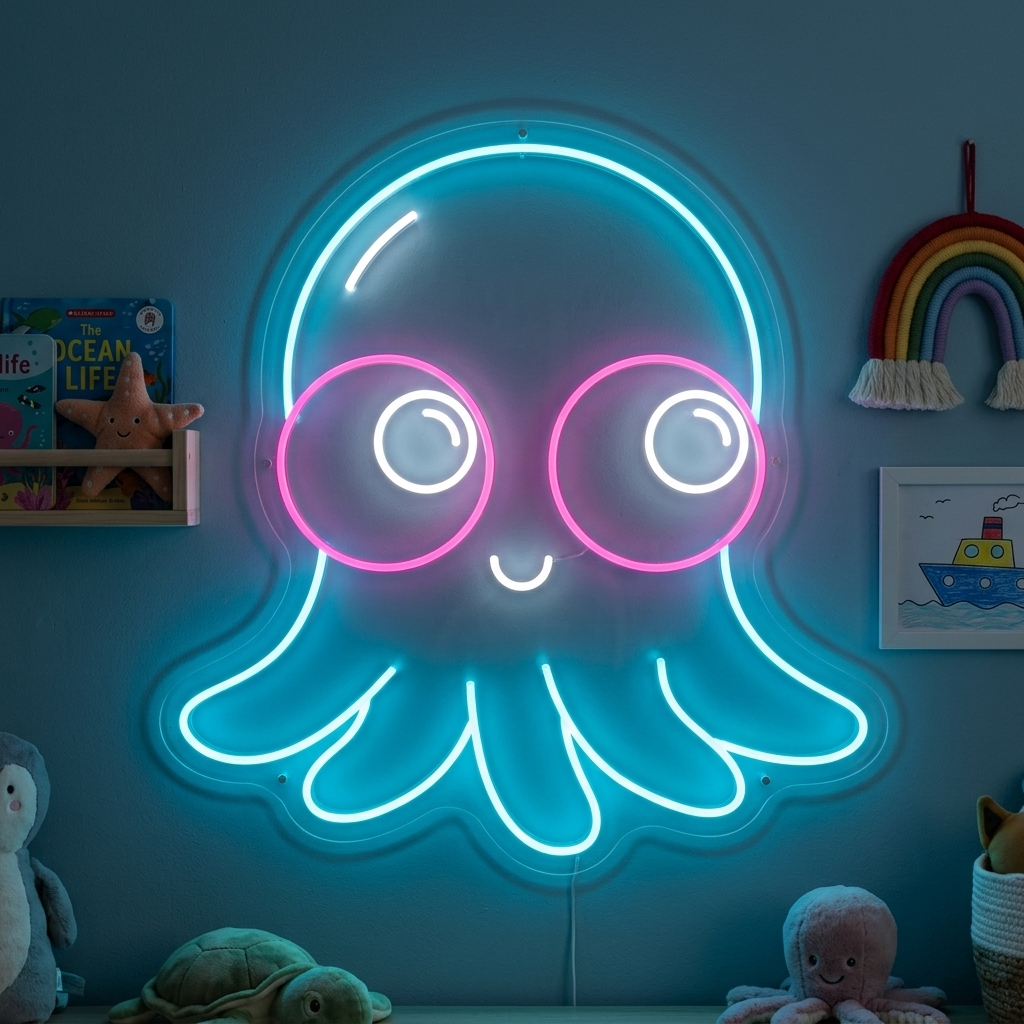 A real glowing neon sign depicting a cute purple baby octopus mounted on a bedroom wall with a wood shelf and potted plant below it.