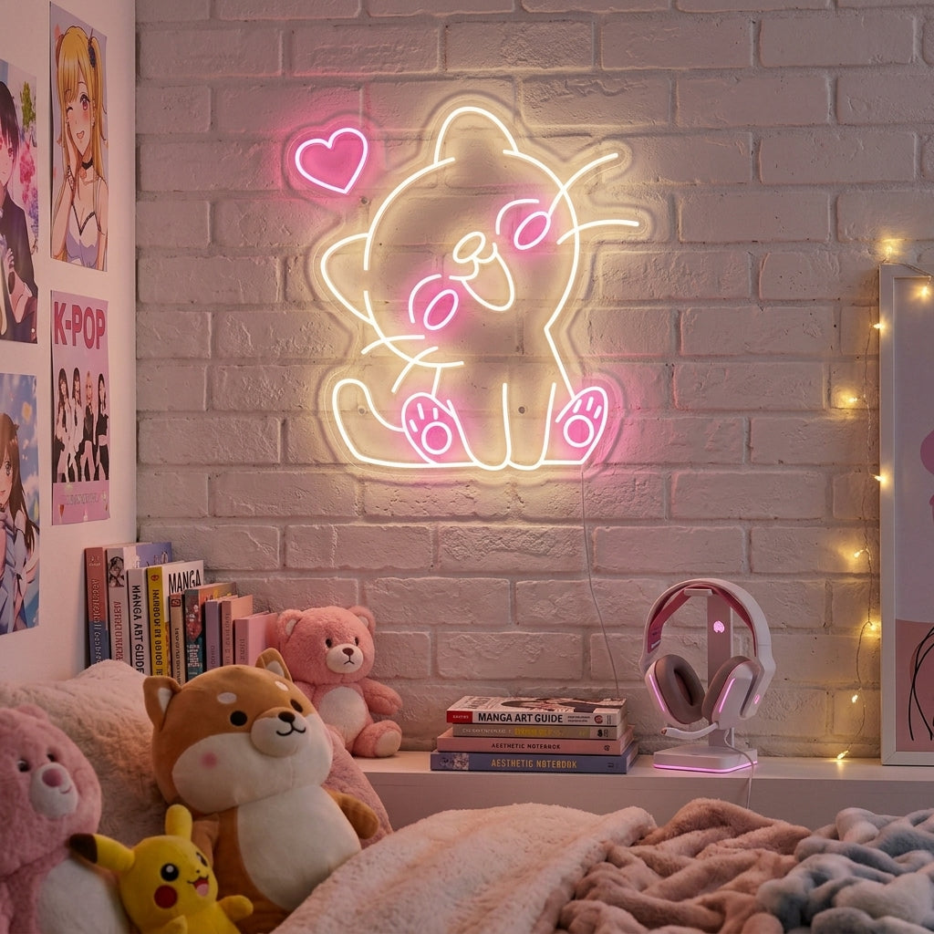 An AI-generated mockup showing a glowing "Kawaii Cat" neon sign hanging in a cozy room.