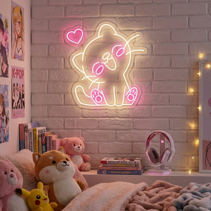 An AI-generated mockup showing a glowing "Kawaii Cat" neon sign hanging in a cozy room.