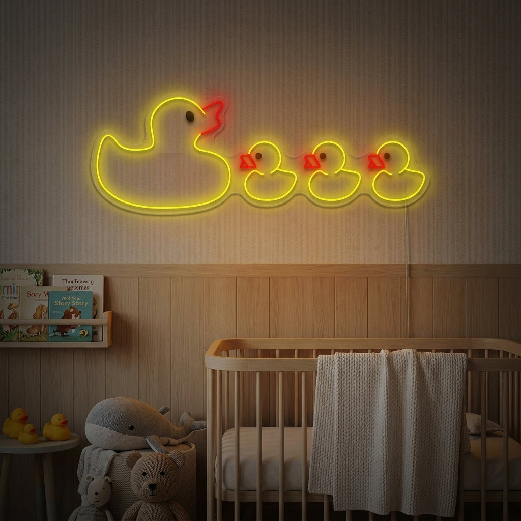 A glowing blue Duck Family neon sign mounted on a textured gray wall above a child’s crib in a softly lit, cozy nursery setting.