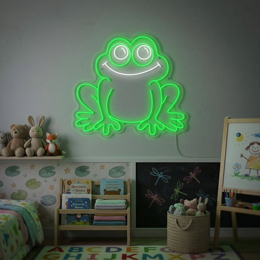 A cozy child's bedroom with a glowing green frog neon sign mounted on the wall above a wooden shelf, illuminating a stack of colorful books and toys.