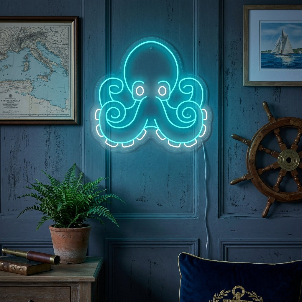 A vibrant Octopus neon sign glowing intensely with blue light against a rustic, dark wood paneled wall. The sign intricately depicts an octopus with swirling tentacles, illuminating the texture of the wood and casting a warm glow on nearby maritime-themed decor like a vintage compass and rope. The scene is slightly dimmed, emphasizing the vivid neon colors.