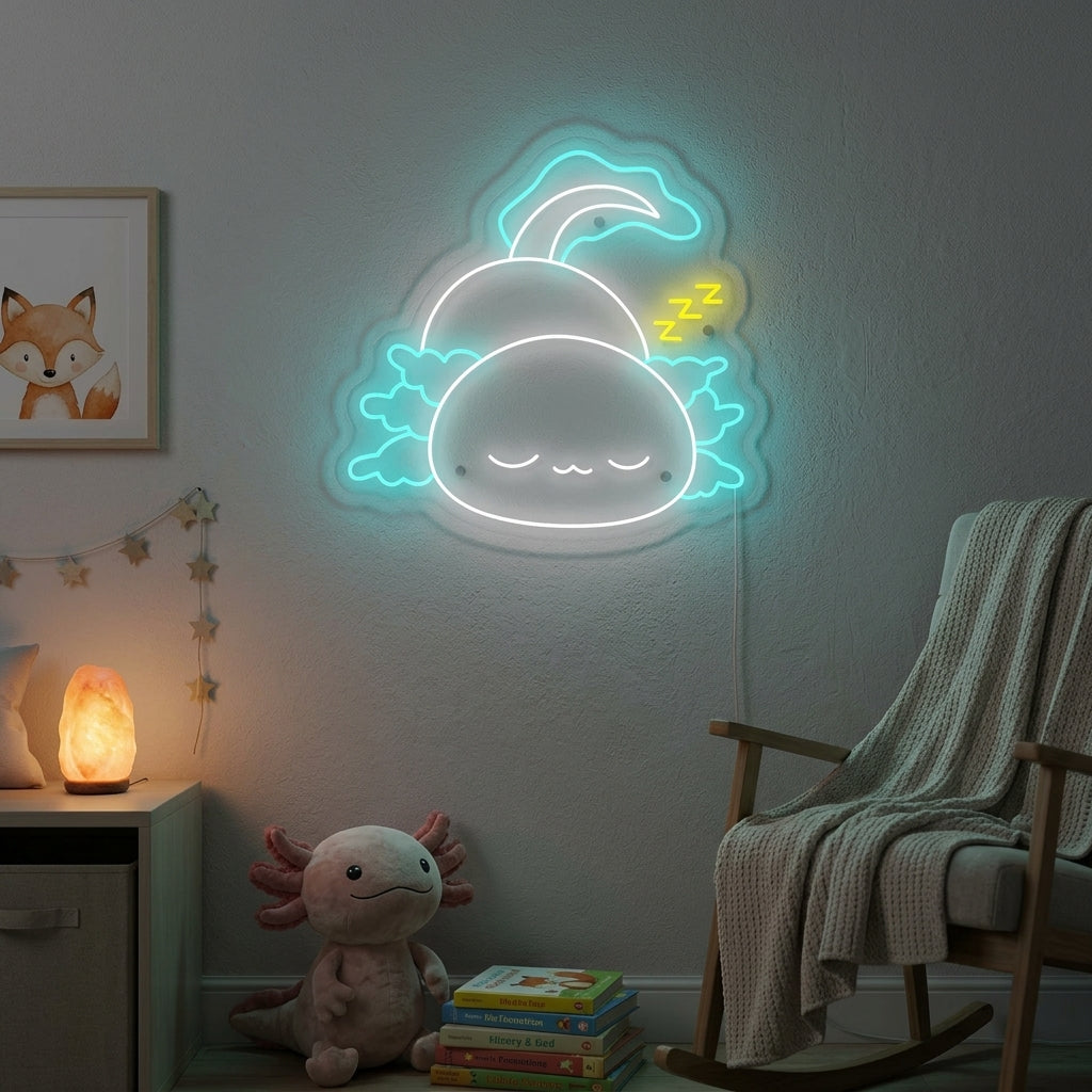 Lifestyle mockup showing the illuminated pink and purple Sleeping Axolotl neon sign on a cozy bedroom wall.
