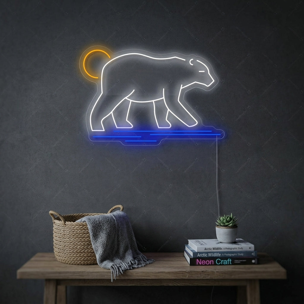 A glowing blue 'Striding Polar Bear' neon sign mounted on a textured brick wall in a cozy bedroom setting.