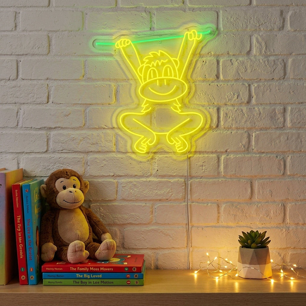A vibrant 'Swinging Monkey' neon sign glowing on a wall in a playfully decorated bedroom.