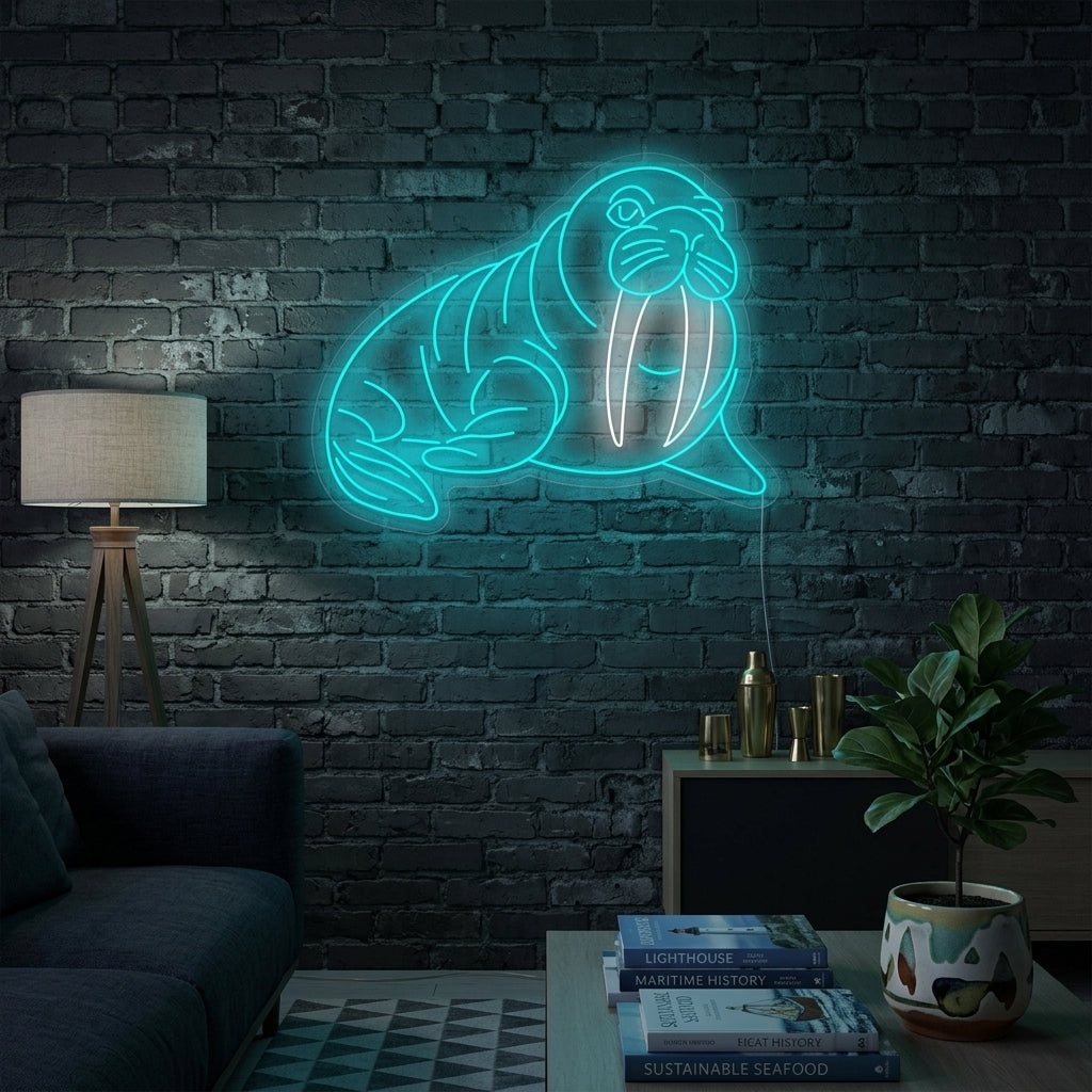 A cozy room setting featuring a glowing 'Walrus' neon sign mounted above a decorative shelf, casting a warm light.