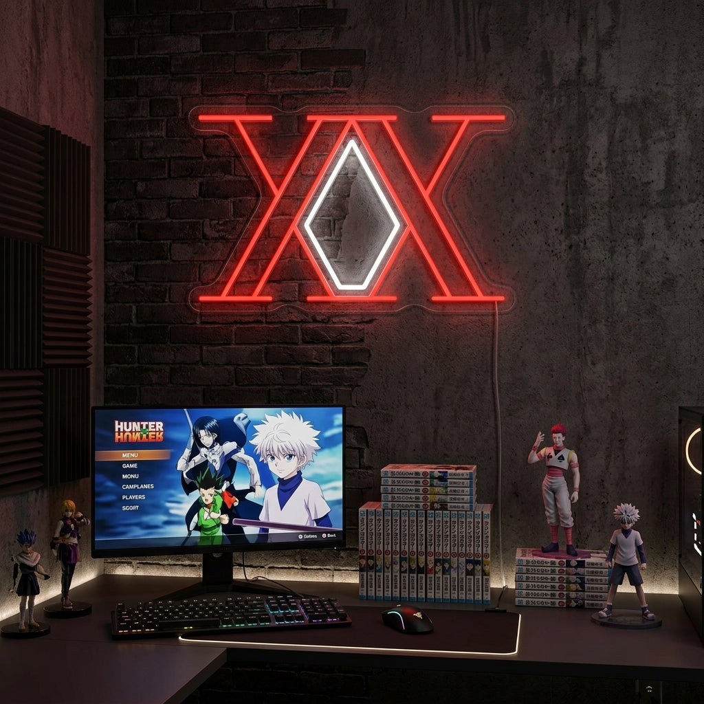 An illuminated Hunter x Hunter anime neon sign glowing vibrantly on a textured dark wall in a stylized living room setting, casting dynamic colored light.