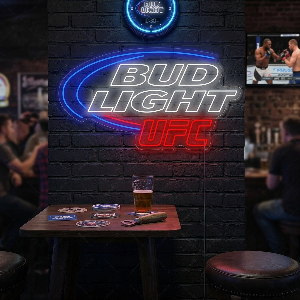 A lifestyle mockup showing the glowing Bud Light UFC neon sign mounted on a brick wall in a bustling, dim-lit bar environment during fight night.