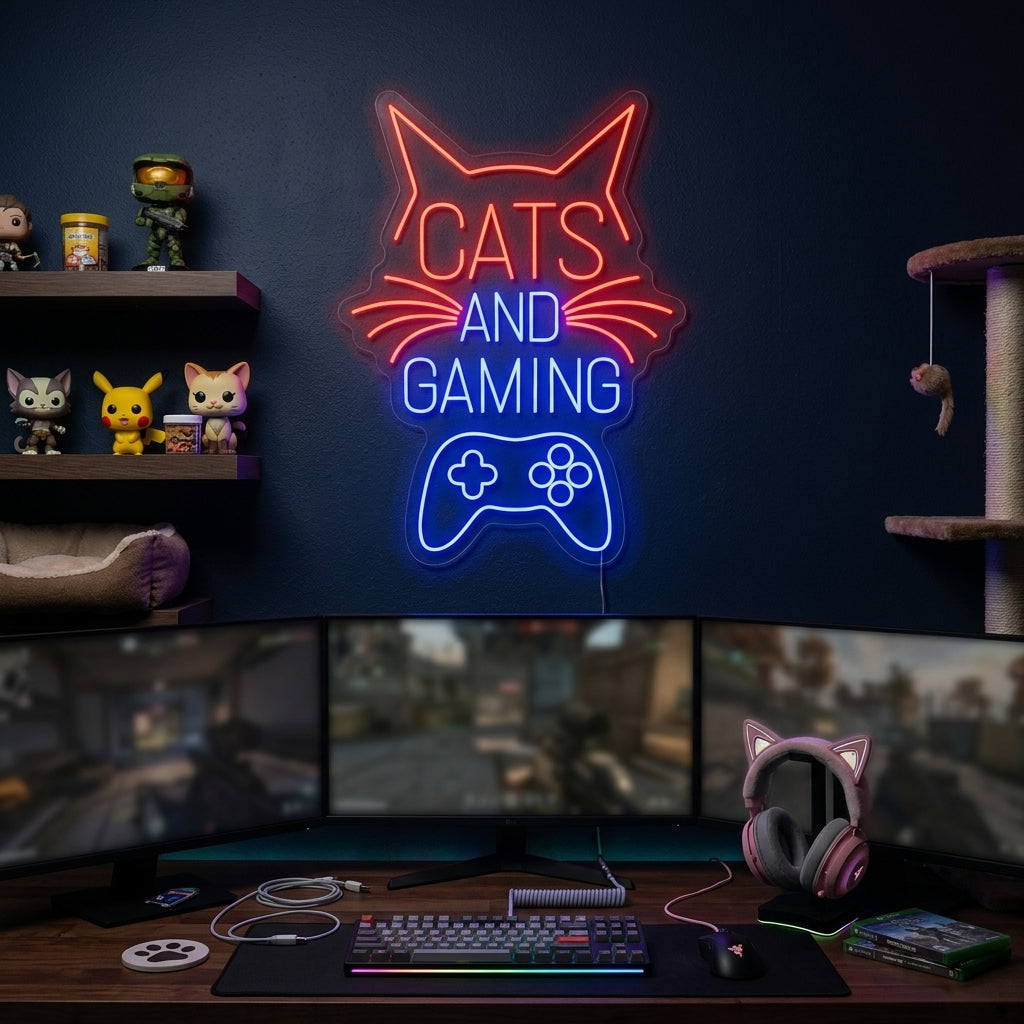A cozy gaming room setup featuring the 'Cats And Gaming' neon sign glowing above a monitor, with a real cat resting on the desk.