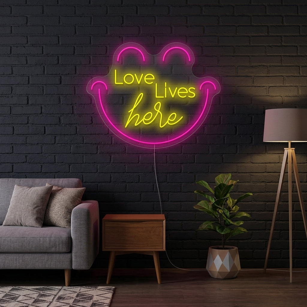 A heartwarming "Love Live Here" script neon sign glowing over a contemporary sofa and cozy home decor.