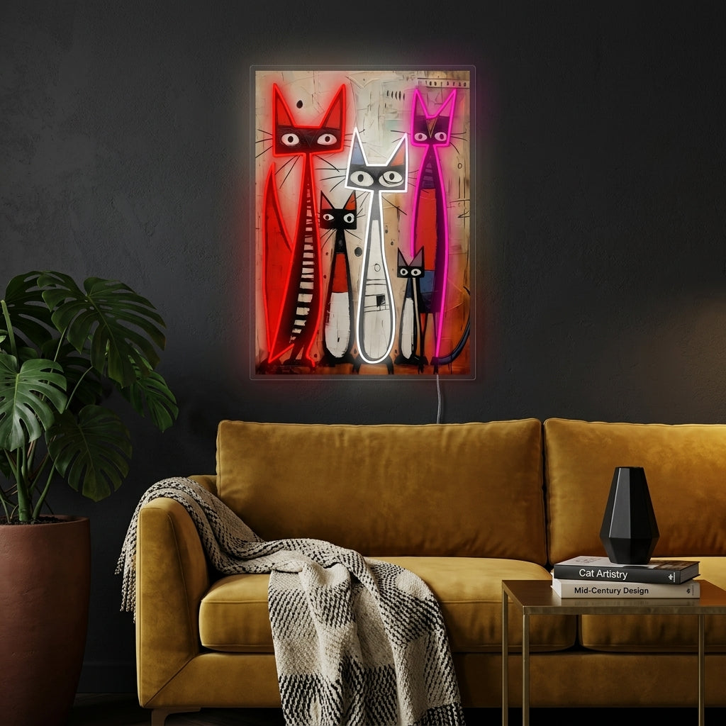 A cozy living room setting showcasing the glowing Cat Family neon sign mounted on the wall above a sofa.