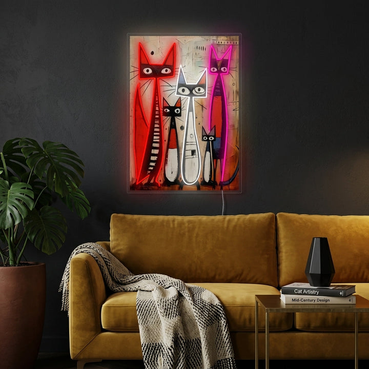 A cozy living room setting showcasing the glowing Cat Family neon sign mounted on the wall above a sofa.