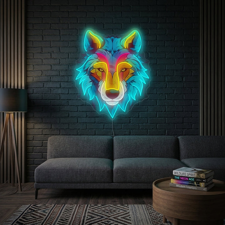 A stunning blue wolf neon sign glowing on a textured dark wall above a modern grey sofa in a stylishly decorated living room.