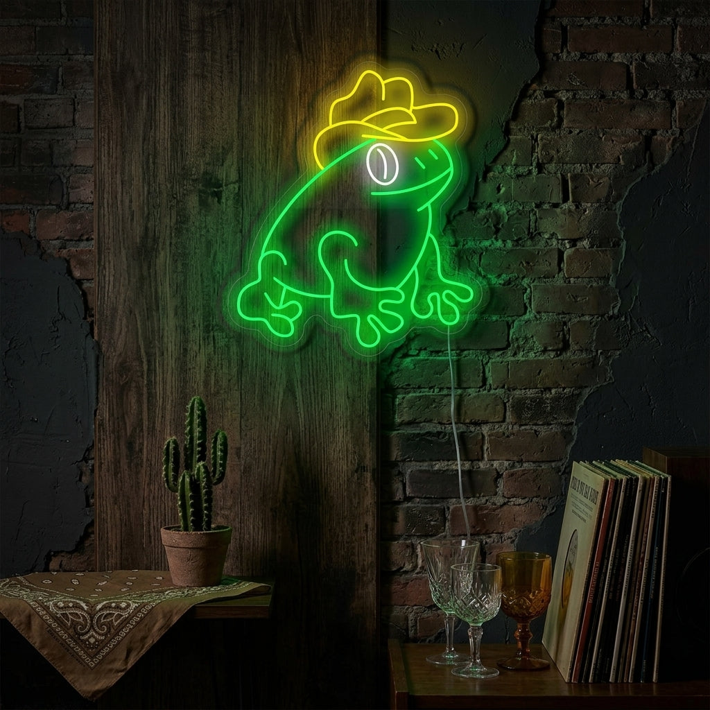 A cozy room featuring a glowing 'Frog With Cowboy Hat' neon sign on the wall, illuminating the space with a playful light.