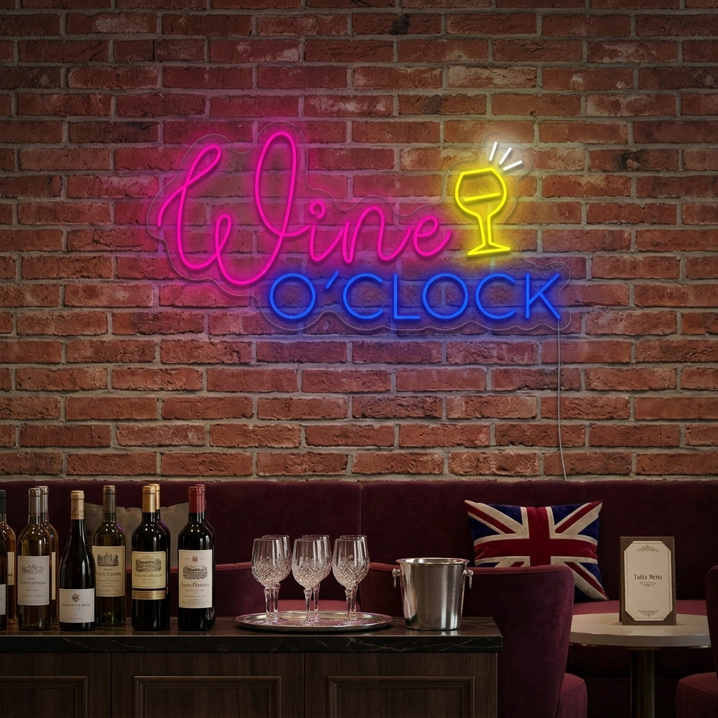 Wine O'clock neon wall sign in a modern home bar setting, illuminating shelves of wine bottles and glasses.