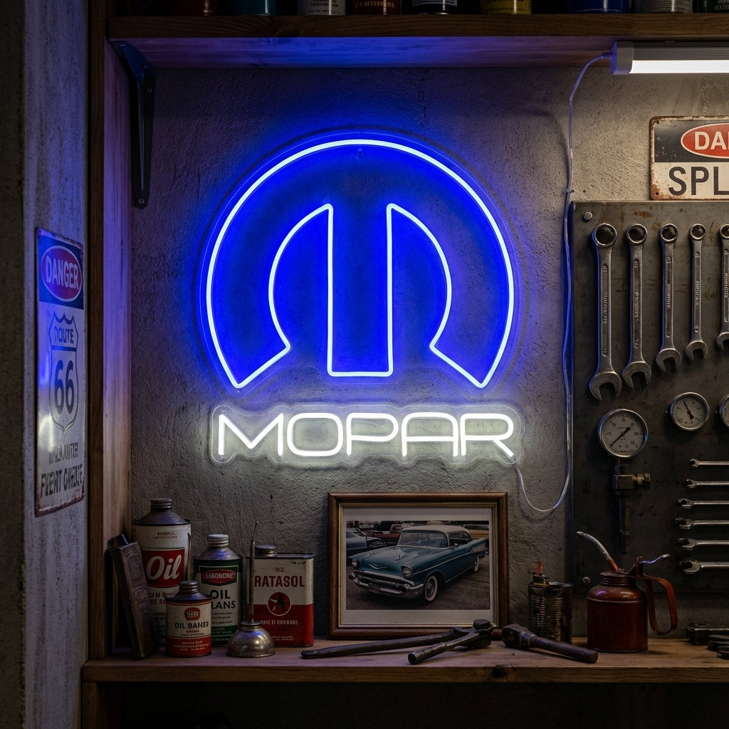 Mopar neon sign hanging in a garage workshop setting.