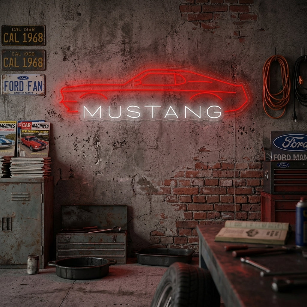 A hand-crafted Mustang Car neon sign glowing in a stylish automotive-themed room.