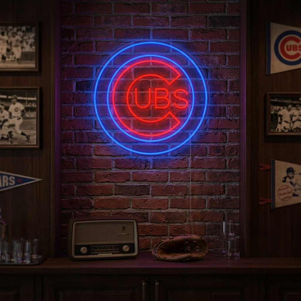 A 'CUBS' neon sign glowing brightly in a home bar or game room setting.