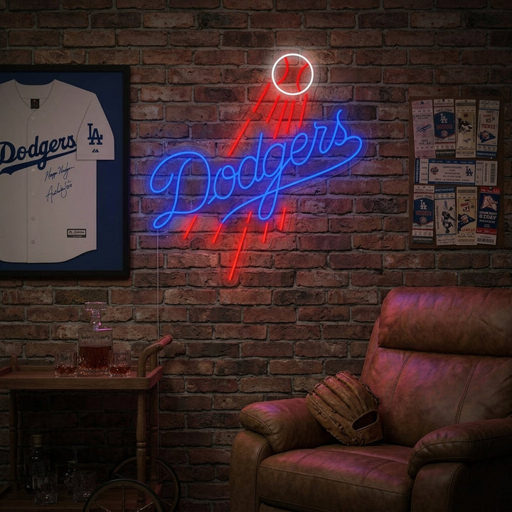 Los Angeles Dodgers neon sign illuminating a modern home bar area during game night.