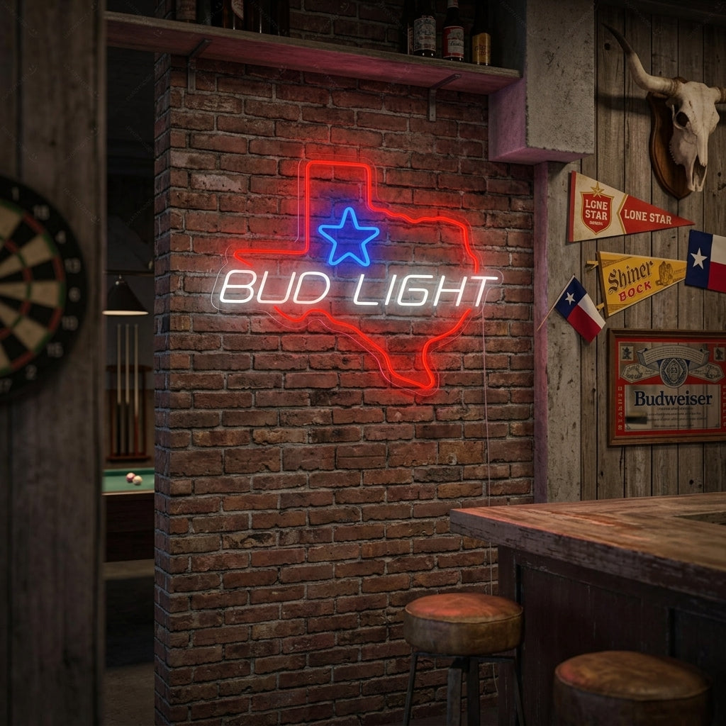 A vibrant 'Bud Light Texas Star' neon sign glowing on a textured brick wall in a cozy home bar setting, illuminating a glass of beer nearby.