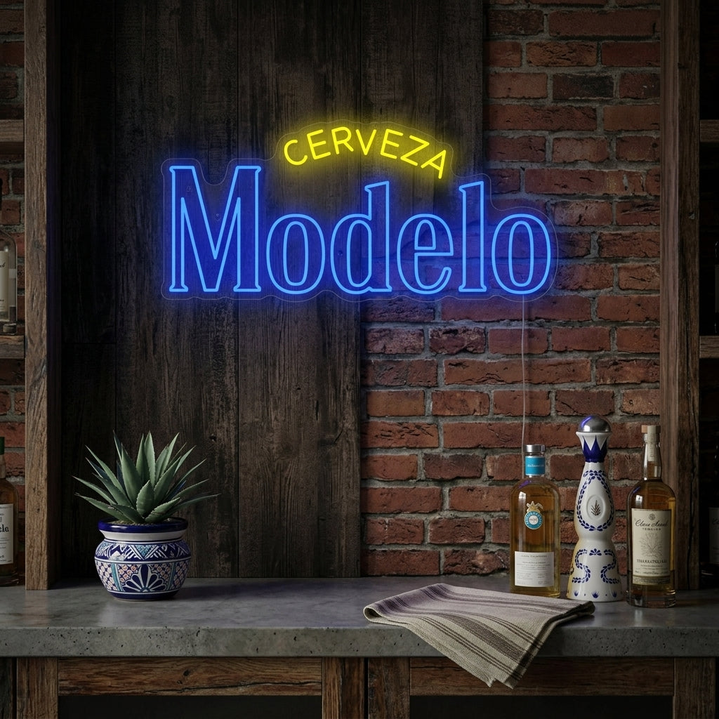 Cerveza Modelo neon sign glowing in a modern bar setting, mounted above a back bar with bottles