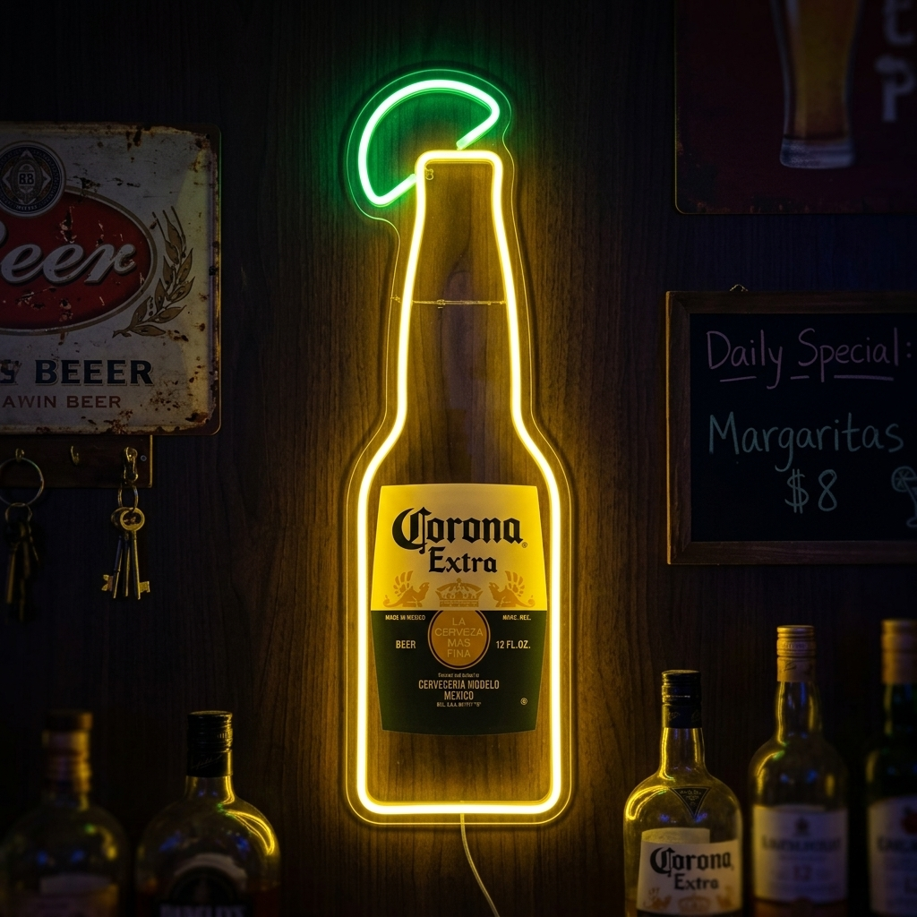 A photorealistic shot of an illuminated Corona Extra beer bottle neon sign mounted on a rustic wooden wall, with the power cord visible, perfect for a bar setting.