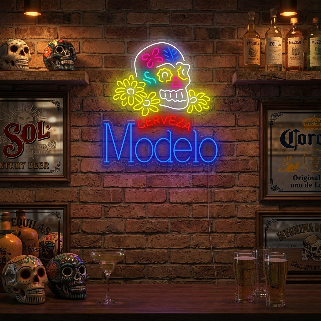 Cerveza Modelo Skull neon sign hanging in a dimly lit home bar, glowing brightly above the counter.