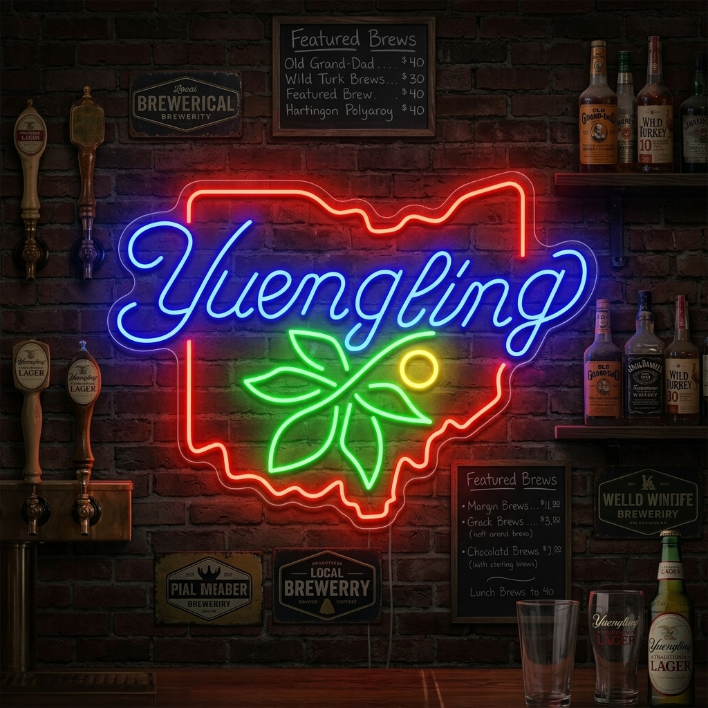 Yuengling Ohio Neon Sign with red and yellow tubing on a backer