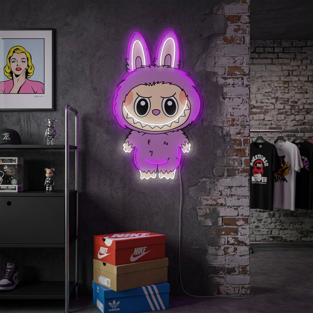 Stylized 'Monster' neon sign glowing in a dark room setting.