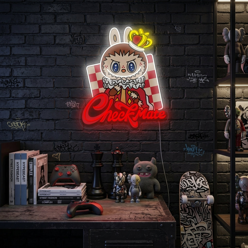 A glowing neon sign featuring a custom monster character and the text 'Monster Let's Checkmate' mounted on a concrete wall in a modern living room setting.