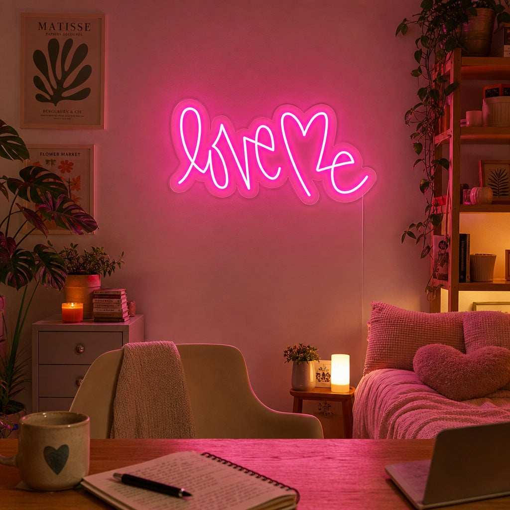 A cozy bedroom setting featuring a illuminated 'Love Me' neon sign in a warm glow mounted above a bed.