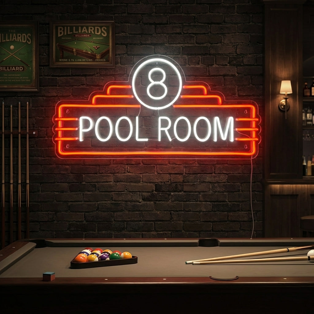 A glowing '8 Pool Room' neon sign with an 8-ball graphic mounted above a pool table in a dimly lit, cozy game room setting.