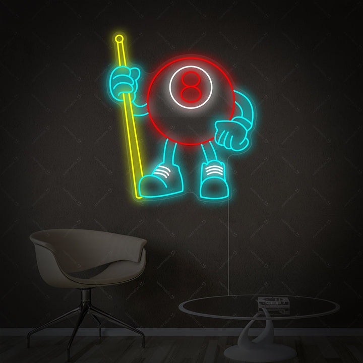Close-up photograph focusing on the detailed craftsmanship and intense glow of the 8 Ball Billiards Neon Sign, highlighting the clean edges, visible LED neon tubes, and clear acrylic mounting, set against a dark, textured wall.