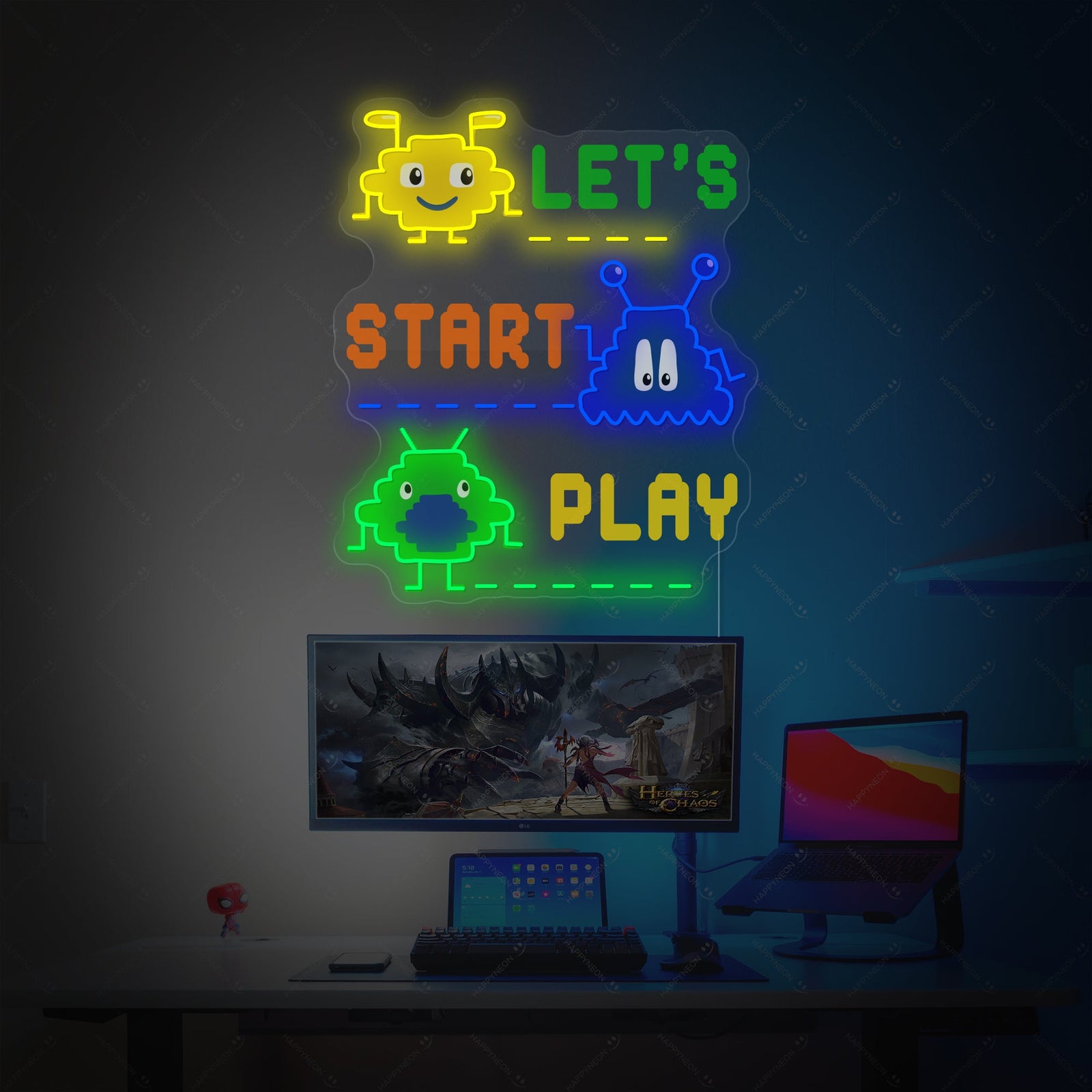 The graphic design layout for the 8-Bit Video Game neon sign, showing the detailed blue and yellow outlines on a clear backing.