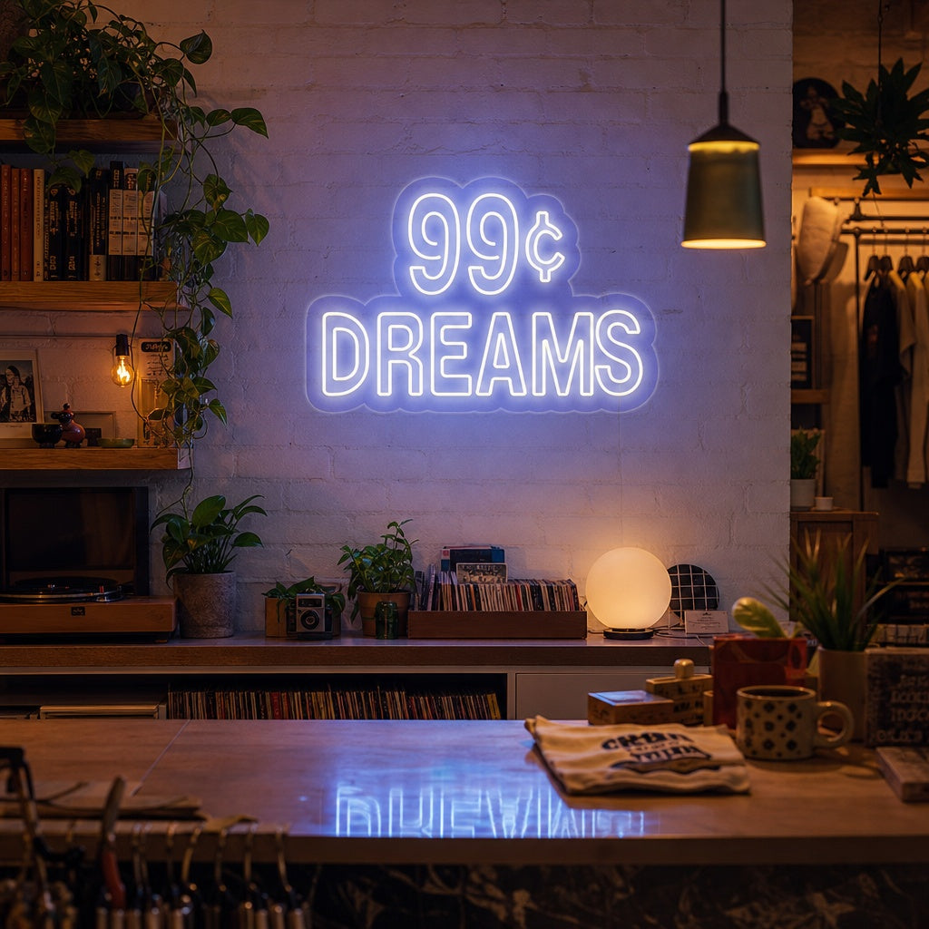 A lifestyle photo of the '99 Cent Dreams' neon sign illuminated on a textured wall in a modern room setting.