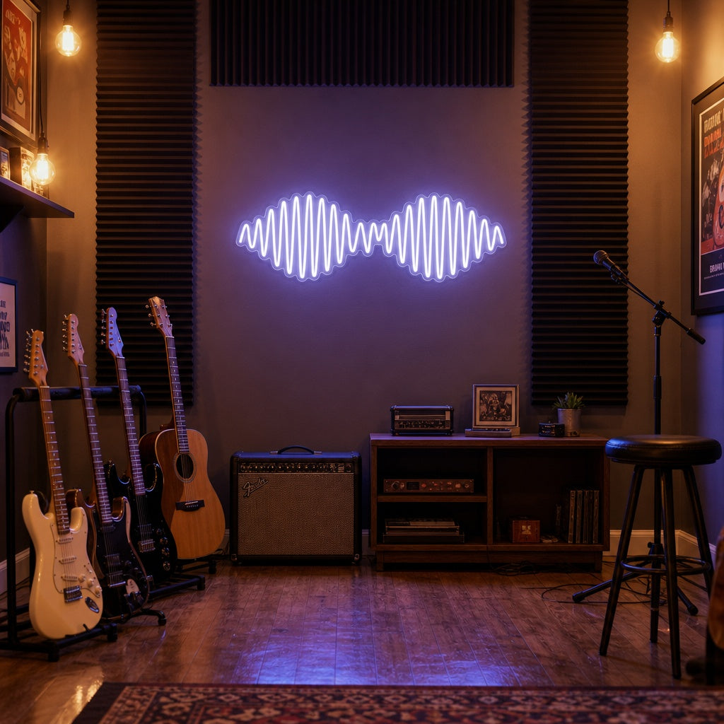 A hand-shaped neon sign glowing yellow with 'AM Wave Music Rock Band' written on it in pink, hanging on a dark textured wall in a music studio, casting an amber glow.