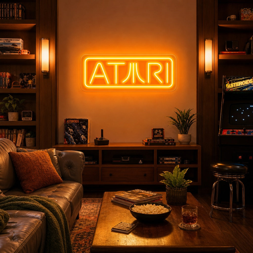 A glowing red and blue Atari neon sign mounted on a textured brick wall, illuminating a wooden desk with a retro joystick and cartridge.