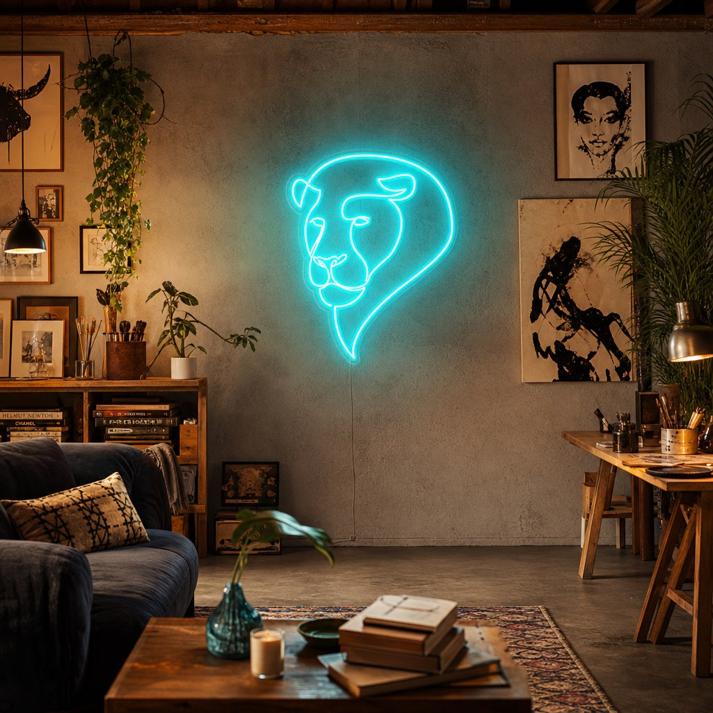 A stunning lifestyle photograph of the Abstract Lion Face neon sign glowing brightly on a textured wall in a modern living room setting.